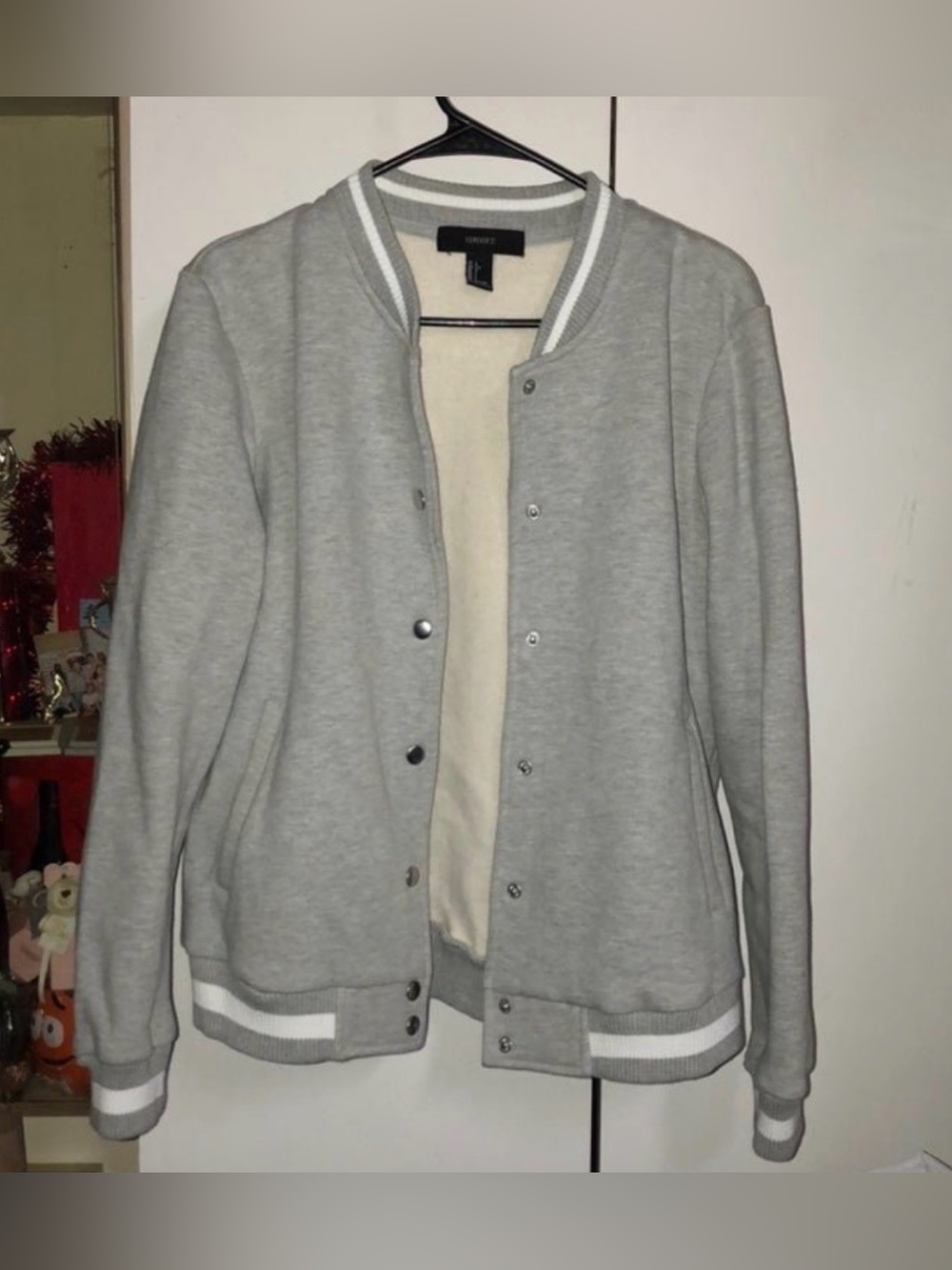 Light Gray Varsity Jacket with White Stripes